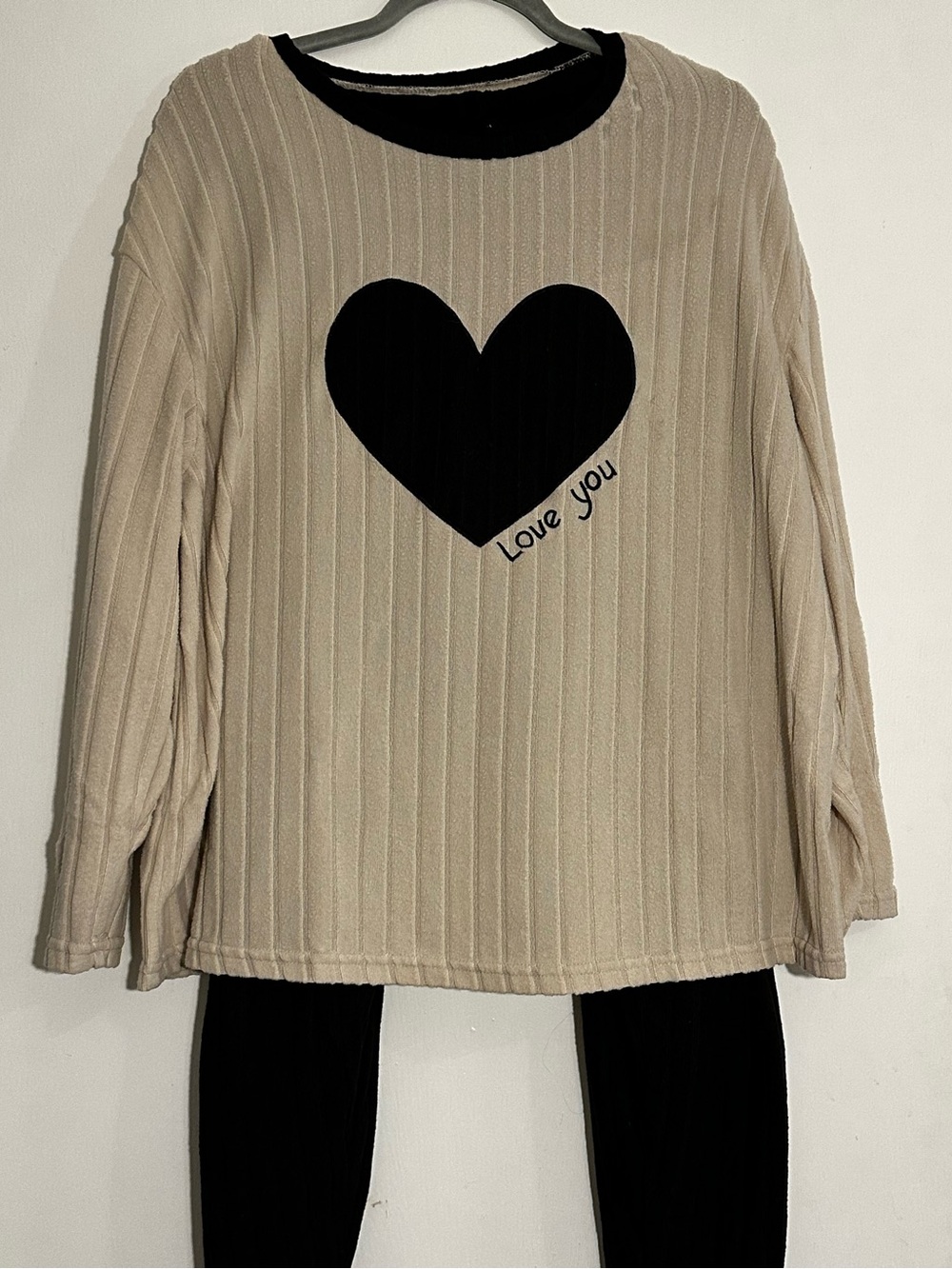 Beige and Black Heart-Print Women’s Sweater Set
